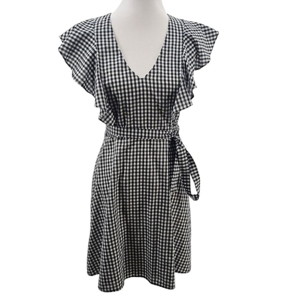 Charles Henry Womens M Gingham Ruffle Sleeve Belted Mini Dress